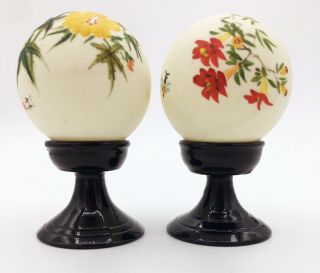 Pair Hand Painted Bird & Flower ' Eggs ' X2 Chinese Painting On Black Stands 2