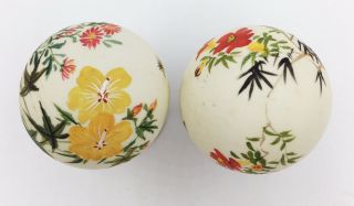Pair Hand Painted Bird & Flower ' Eggs ' X2 Chinese Painting On Black Stands 3