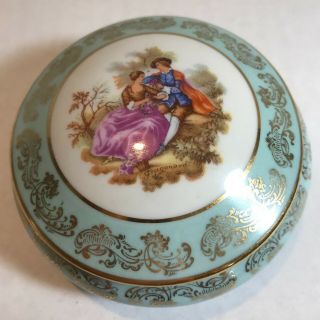 Vtg Limoges France Fragonard Courting Couple Porcelain Trinket Box Blue & Gold
