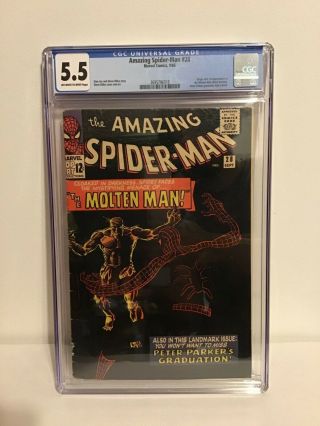 Spider - Man 28 Cgc 5.  5,  Origin & 1st Appearance Of The Molten Man 1965