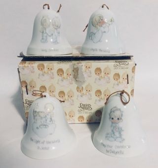 1985 4 Pc Precious Moments Porcelain Angel Bell Christmas Ornaments Set 25143/x