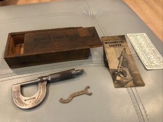 Vintage 1910 Brown & Sharpe No.  10 0 - 1 " Outside Micrometer,  Box,  Wrench -