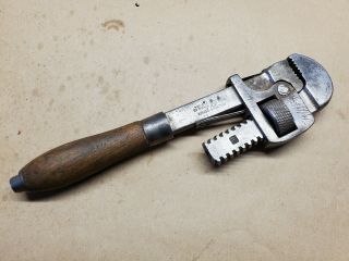 Vintage No.  10 Stillson Pipe Wrench Wood Handle Moore Drop Forge Springfield Mass