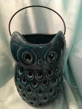 Ceramic Turquoise Owl Indoor Outdoor Lantern With Handle