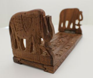Vintage Wooden Carved Ornate Sliding Extending Expanding Bookend Elephant Floral