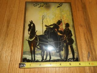 Vintage Reverse Painted Convex Glass Silhouette Man Woman Horse Buggy