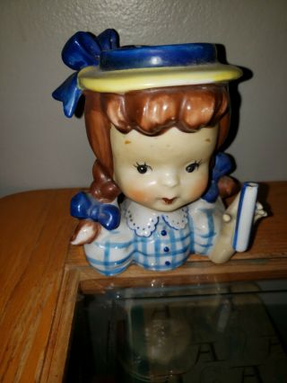 Vintage Napco Little Girl Lady Blue Turquoise Pigtails Head Vase 5” Planter