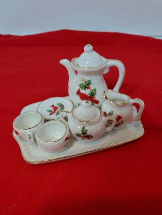 Vintage Lefton Miniature Porcelain Christmas Cardinal Tea Set With Tray
