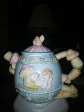 Handpainted Ceramic Bunny Rabbit Mushroom Themed Teapot Tea For One 3 Piece Set.
