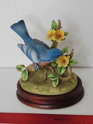 Vtg Andrea By Sadek Porcelain Bluebird Figurine Flowers Bird Wood Base