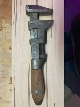 Antique Fulton Wood Handle Adjustable Monkey Wrench 10 1/2 " Long - Great Shape