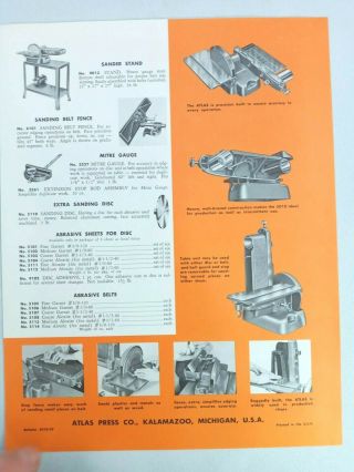 Atlas Metal Wood Plastic Belt and Disc Sander Brochure Michigan 5010 & 9026 3