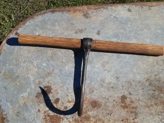 Antique Primitive Barn Tool Hand Forged Hay Meat Hook Metal Wood Large Handle 22