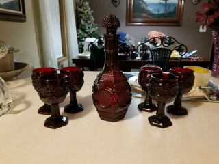 Vintage Avon Ruby Red Glass Decanter With 6 Goblets - Avon Cape Cod Pattern -