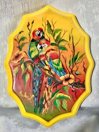 Hand Painted And Signed By The Artist Parrots Wooden Wall Plaque