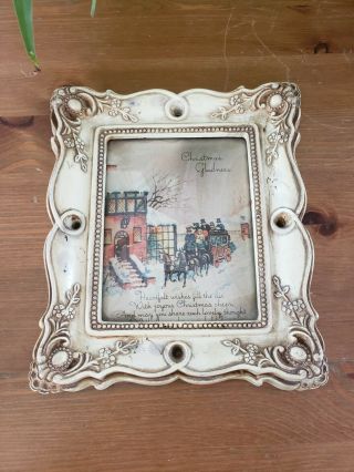 Vintage Chalkware Picture Frame W Christmas Print Ornate Distressed Vtg Christma