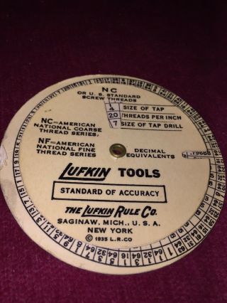 1935 Lufkin Tools Circular Screw Thread Tap Drill Size Slide Rule Calculator