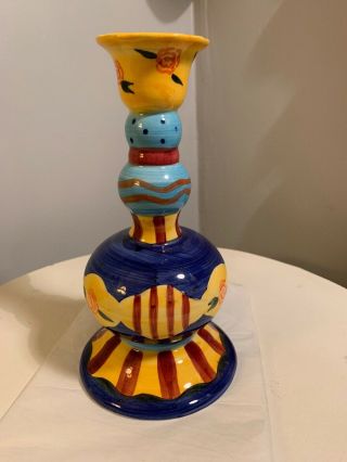 Hand Painted Whimsical Candle Stick 8 1/2 Inches High Yellows And Blues