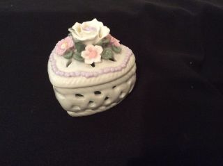 Vintage Heart Shaped Porcelain Trinket Box With Applied Porcelain Rose Clusters