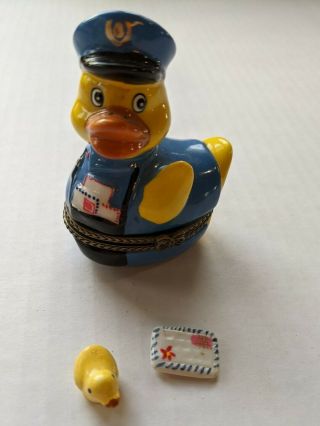 Yellow Rubber Ducky Duck Mailman,  Hinged Trinket Box With Charm Babies