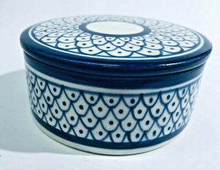 Vintage Small Round Blue & White Porcelain Trinket Box W Lid Scalloped Dots