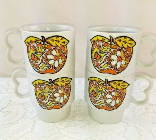 Vintage Stackable Mugs Set Of 4 Orange Yellow Floral Apple Retro Deauville