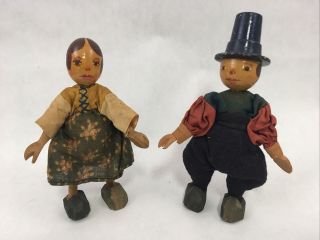 Vintage Hand Painted Wooden Dolls Man & Woman Couple Folk Art 5 " Figurines
