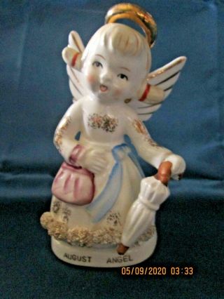 Vintage Sanmyro August Angel Of The Month Figurine Holding Purse Umbrella
