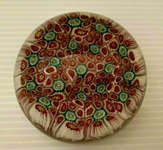 Vintage Murano Art Glass Millefiori Red White Green Canes Paperweight.  Italy.
