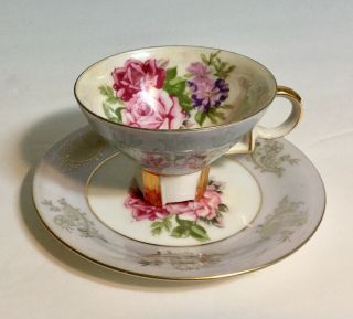 Vintage Royal Halsey Demitasse Roses Irredescent Tea Cup And Saucer Set