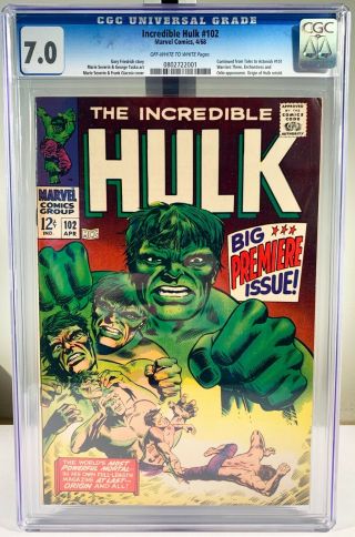 1968 Marvel The Incredible Hulk 102 Comic Book - Cgc 7.  0 Ow/w Pages