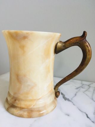 Vintage Cream Marble Alabaster ? Copper Handle 5” Tankard Mug Cup