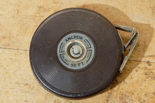VINTAGE LUFKIN ANCHOR TAPE MEASURE,  CHROME CLAD,  LEATHER BOUND 50 Feet Long 2