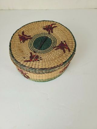 Vintage Woven Sweetgrass Basket With Lid Tight Woven Round Trinket Box W/fish