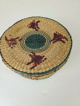 Vintage Woven Sweetgrass Basket With Lid Tight Woven Round Trinket Box w/Fish 2