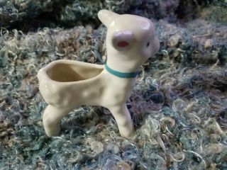 Vintage Small Pottery Standing Lamb Planter Blue Bow Unmarked