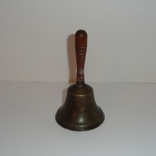 6 " Early Brass Bronze School Teacher Hand Bell Desk Vintage Wood Handle Wooden