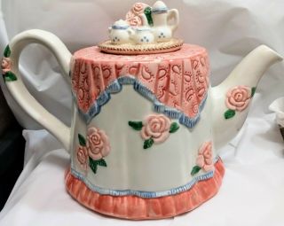 Ff Fitz Floyd Ceramic Decorative Teapot Floral Flower White Pink Roses 1988 34oz
