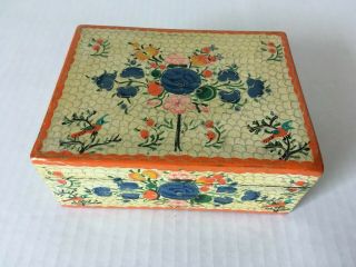 Vintage Hand Painted Floral Lacquer Paper Mache Lidded Wood Box Kashmir India