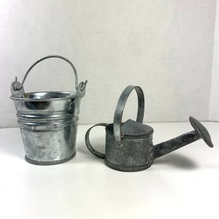 (2) Vintage Galvanized Metal Small Mini 2.  5 " Watering Can,  Metal Bucket