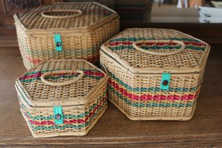 Vintage Lined & Lidded Wicker Nesting Baskets,  Set Of 3 L 319b