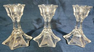 Set Of 3 Vintage Tall Clear Glass Star Shaped Tapered Candle Holders 6 Point