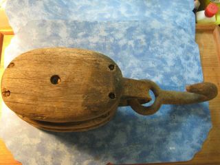 Old Vintage Antique Large Double Wood Block & Tackle Pulley For Boating,  Farming