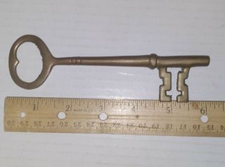 Vintage Large Brass 6 Inch Solid Shaft Skeleton Key For Jail Or Church Lock