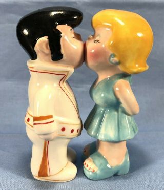 Kissing Elvis And Blonde Girl Salt & Pepper Shakers Ceramic Hand Painted -