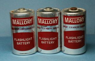 Vintage Set Of 3 Mallory D Size Batteries Red & Silver For Display