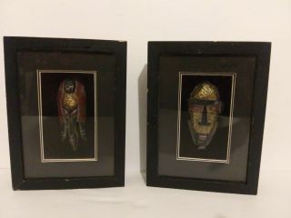 Tribal Art Face Decorative Shadow Box 3D Black Wood Framed set 2
