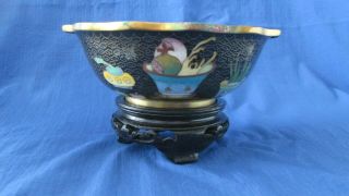 Chinese Cloisonne Floral Round Bowl With Wood Stand