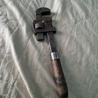 Vintage Antique 14 Adjustable Pipe Monkey Wrench Wood Handle Unk Brand Gc {09