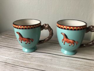 2 Cracker Barrel Stoneware Coffee Mug Cup - Southwestern Teal Color With A Horse